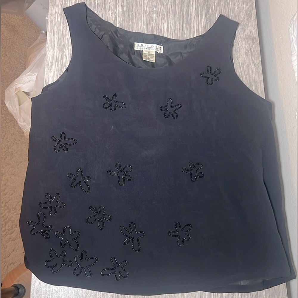 John Paul Richard Silk Beaded Floral Black Tank Top Vintage Medium
